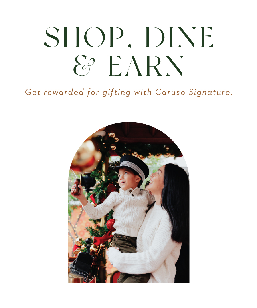 Text: Shop, Dine & Earn. Get rewarded for gifting with Caruso Signature. Image: Mother holding son up in the train.